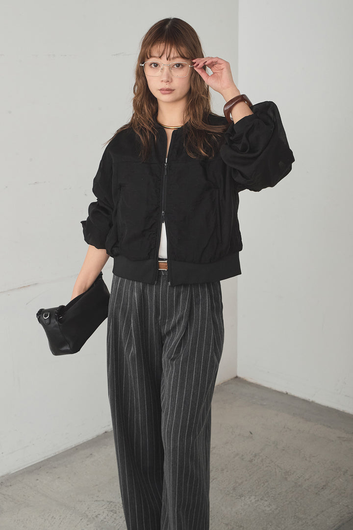 [SET]シアー×ポンチブルゾン+細ベルト付きピンストライプワイドパンツ(2set)