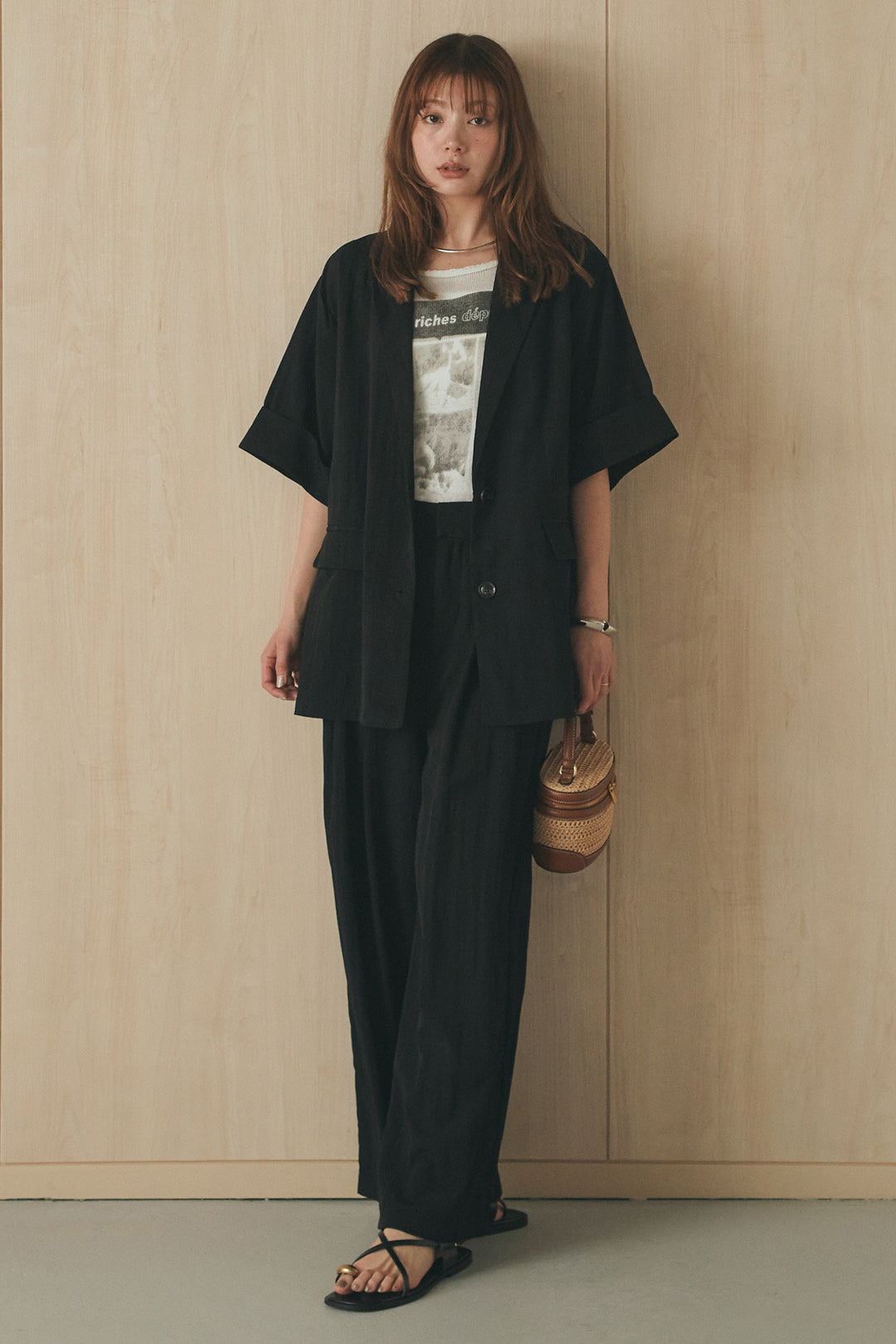 [SET]リネンライクテーラードハーフスリーブジャケット+リネンライク2タックワイドパンツ(2set)