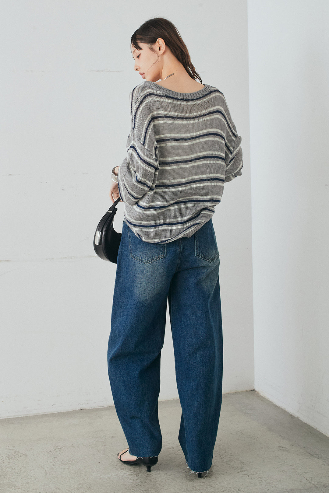 [SET]綿タッチVネックボーダートップス+デニムヨークパンツ(2set)