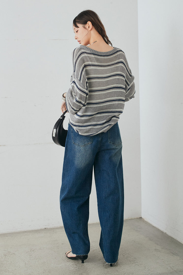 [SET]綿タッチVネックボーダートップス+デニムヨークパンツ(2set)