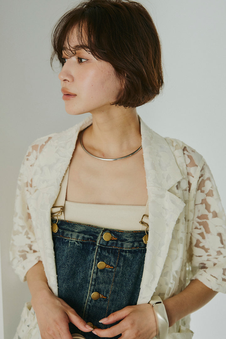 [SET]シアージャガードハーフスリーブテーラードジャケット+配色ショルダーデニムサロペットスカート(2set)