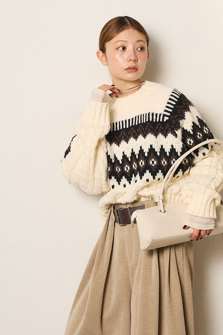 [SET]2WAY求心柄ジャガードショートカーディガン+2WAY袖コード刺繍クルーネックプルオーバー(2set)