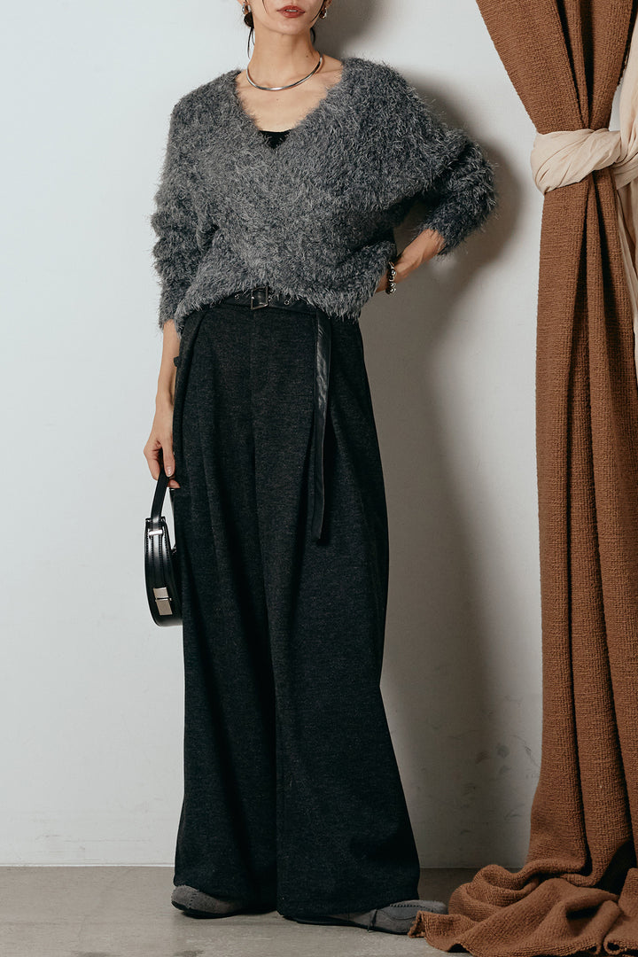 [SET]シャギークロスニットトップス+細ベルト付き起毛タックワイドパンツ(2set)
