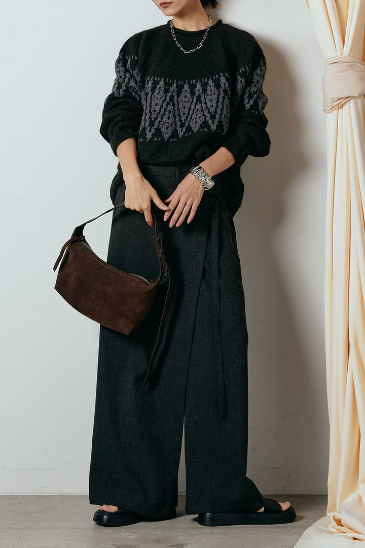 [SET]モノトーン柄ニットトップス+ラップ巻きワイドスラックス(2set)