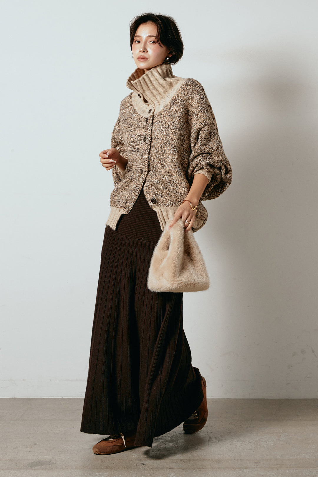 [SET]ハイネックミックスニットカーディガン+編み地切り替えフレアニットスカート(2set)