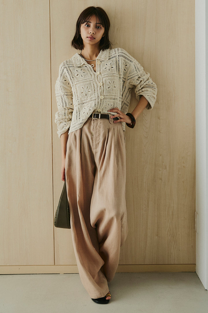 [SET]鍵編みフラワーレースカーディガン+タック入りワイドパンツ(2set)