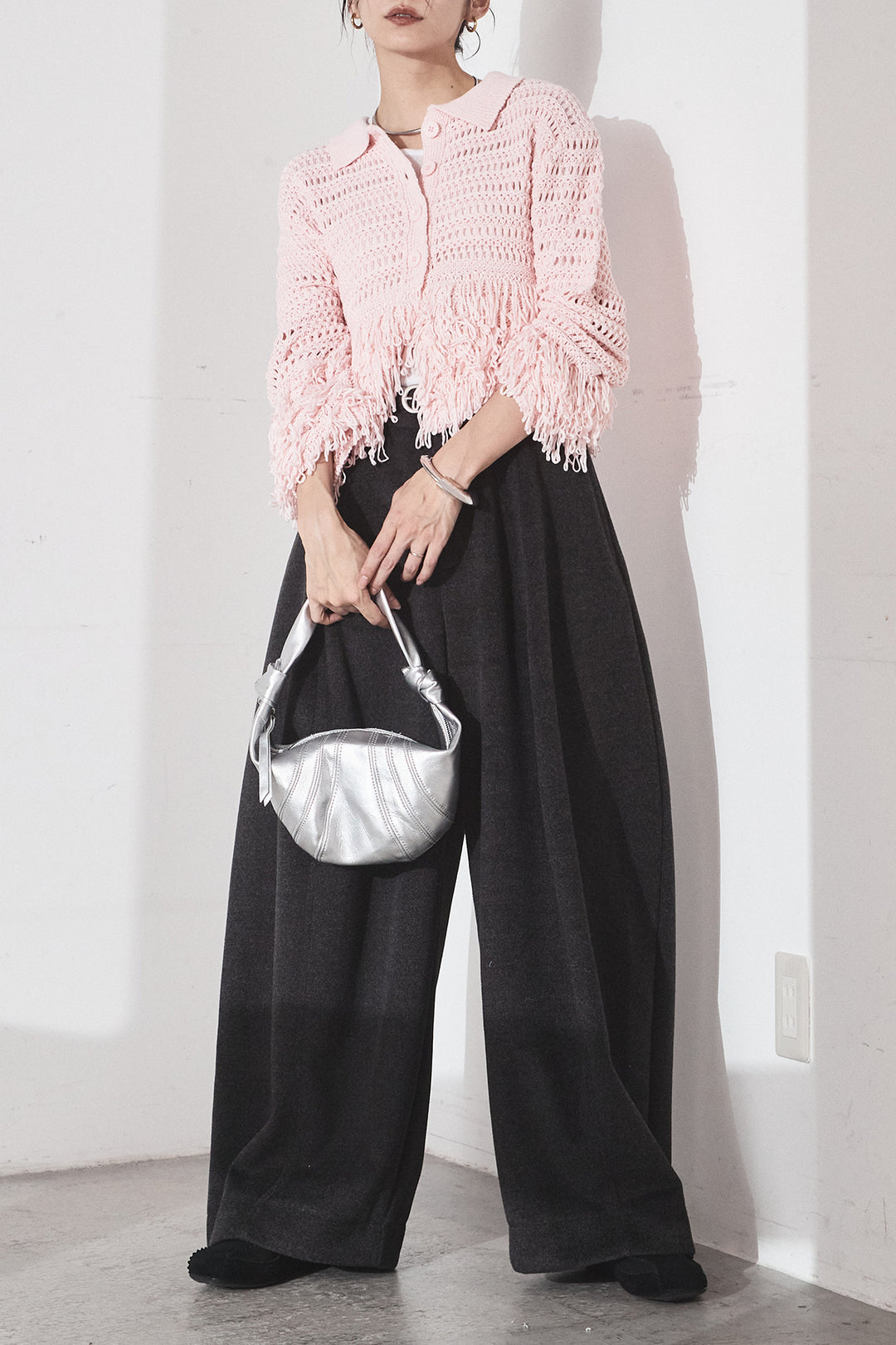 [SET]メッシュフリンジカーディガン+ウールタッチカーブワイドパンツ(2set)