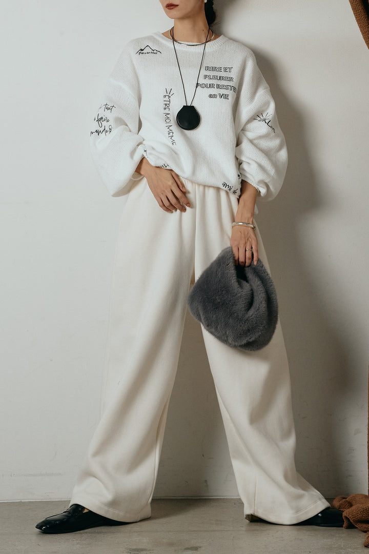 [SET]刺繍ロゴランダムデザインニットトップス+裏起毛スウェットワイドパンツ(2set)