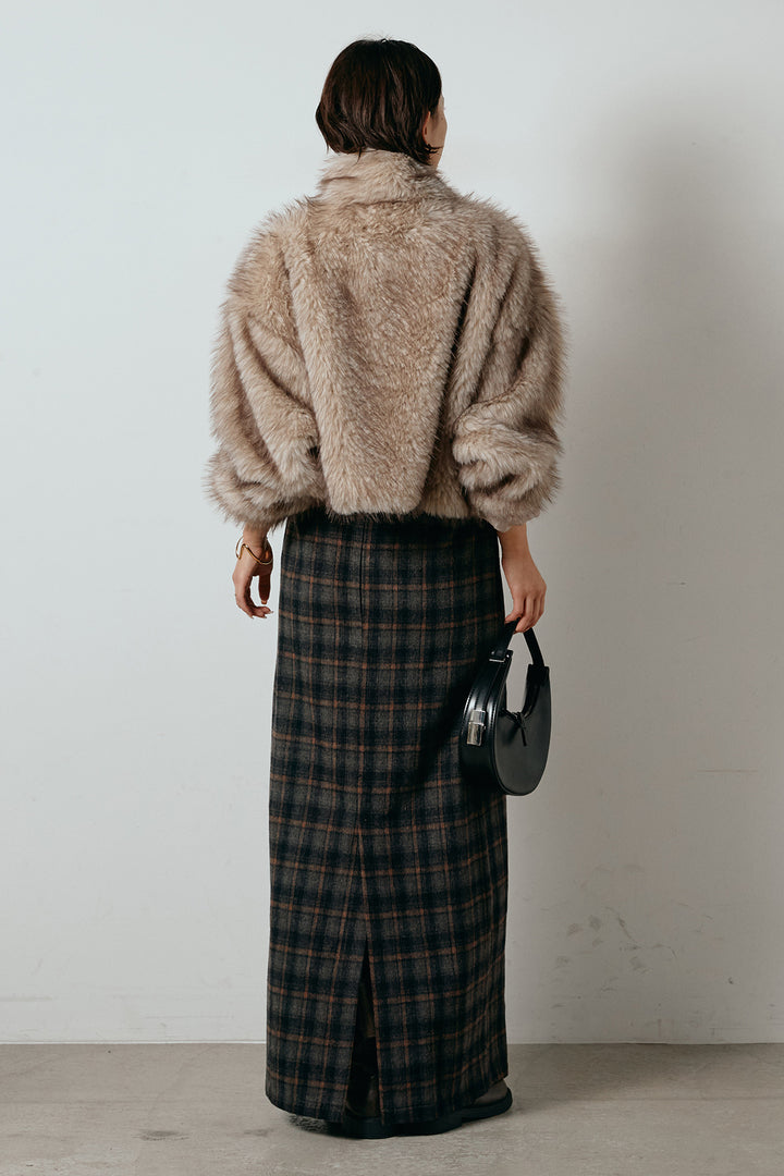 [SET]エコファーショート丈ブルゾン+シャギーチェックストレートスカート(2set)