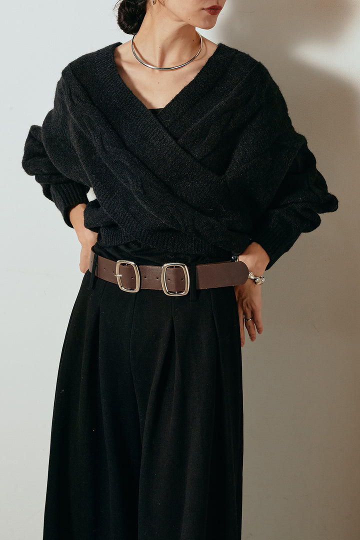 [SET]ケーブルカシュクールニットトップス+フェイクレザー太ベルト付きタックワイドパンツ(2set)