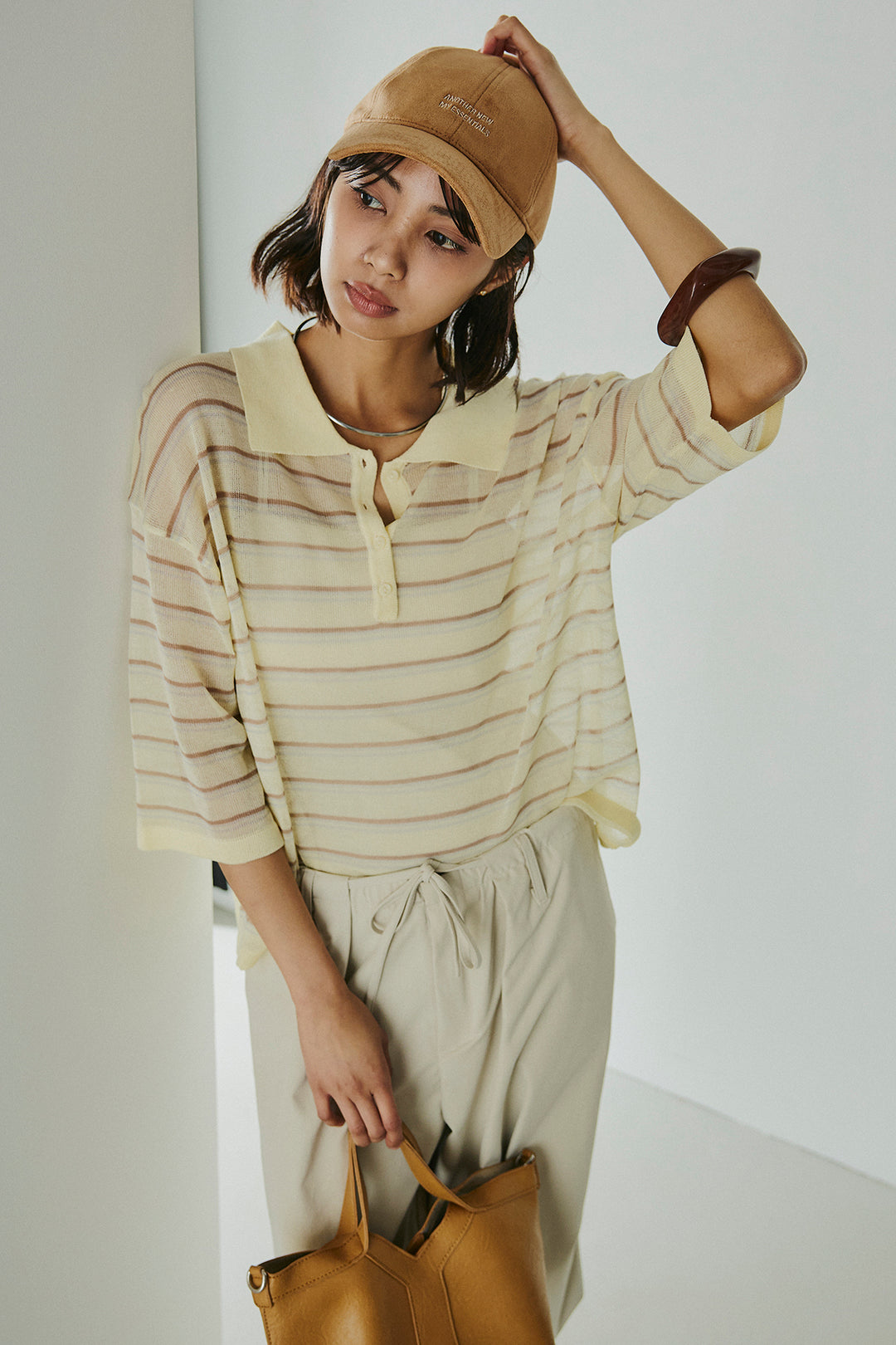 [SET]ボーダーニットポロシャツ+ニーサイドタックウエストドロスパンツ(2set)