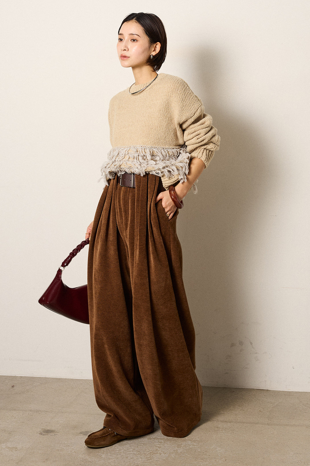 [SET]ループ編み切り替えニットプルオーバー+ベルトループコーデュロイワイドパンツ(2set)