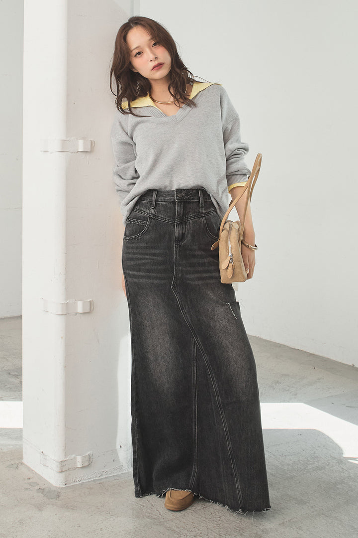 [SET]バイカラーニットレイヤード風プルオーバー+Aラインデニムスカート(2set)