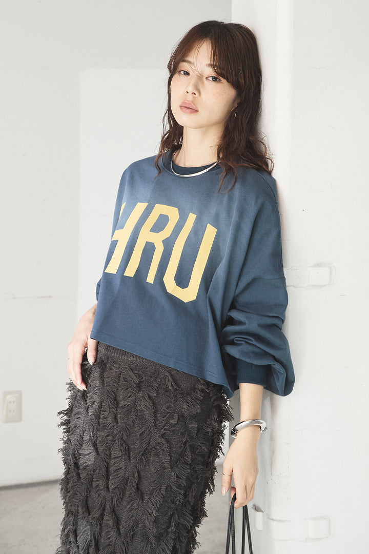 [SET]ビッグロゴHRU袖ボリュームトップス+カットフリンジニットタイトスカート(2set)