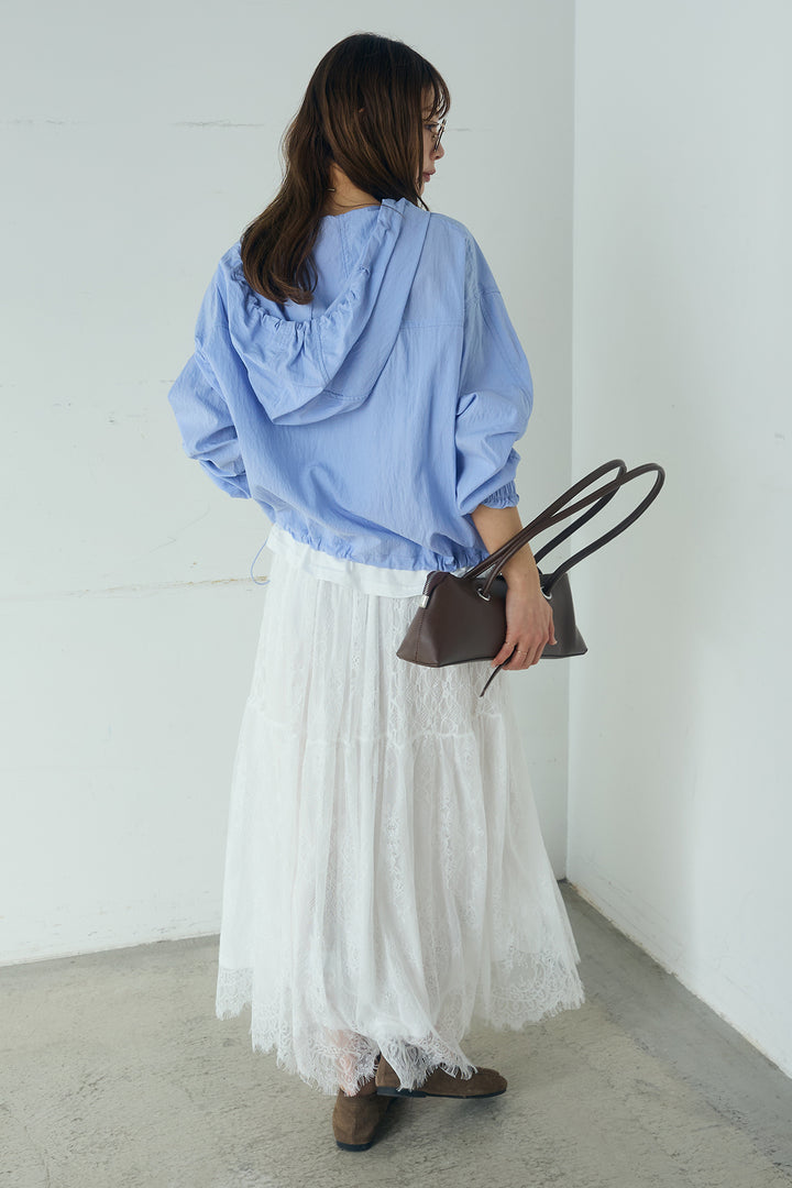 [SET]レイヤードデザインフーディートップス+ひげレース切替ロング丈スカート(2set)