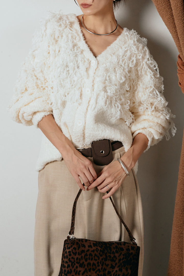 [SET]ループ編みVネックニットカーディガン+ポーチベルト付きカーブパンツ(2set)