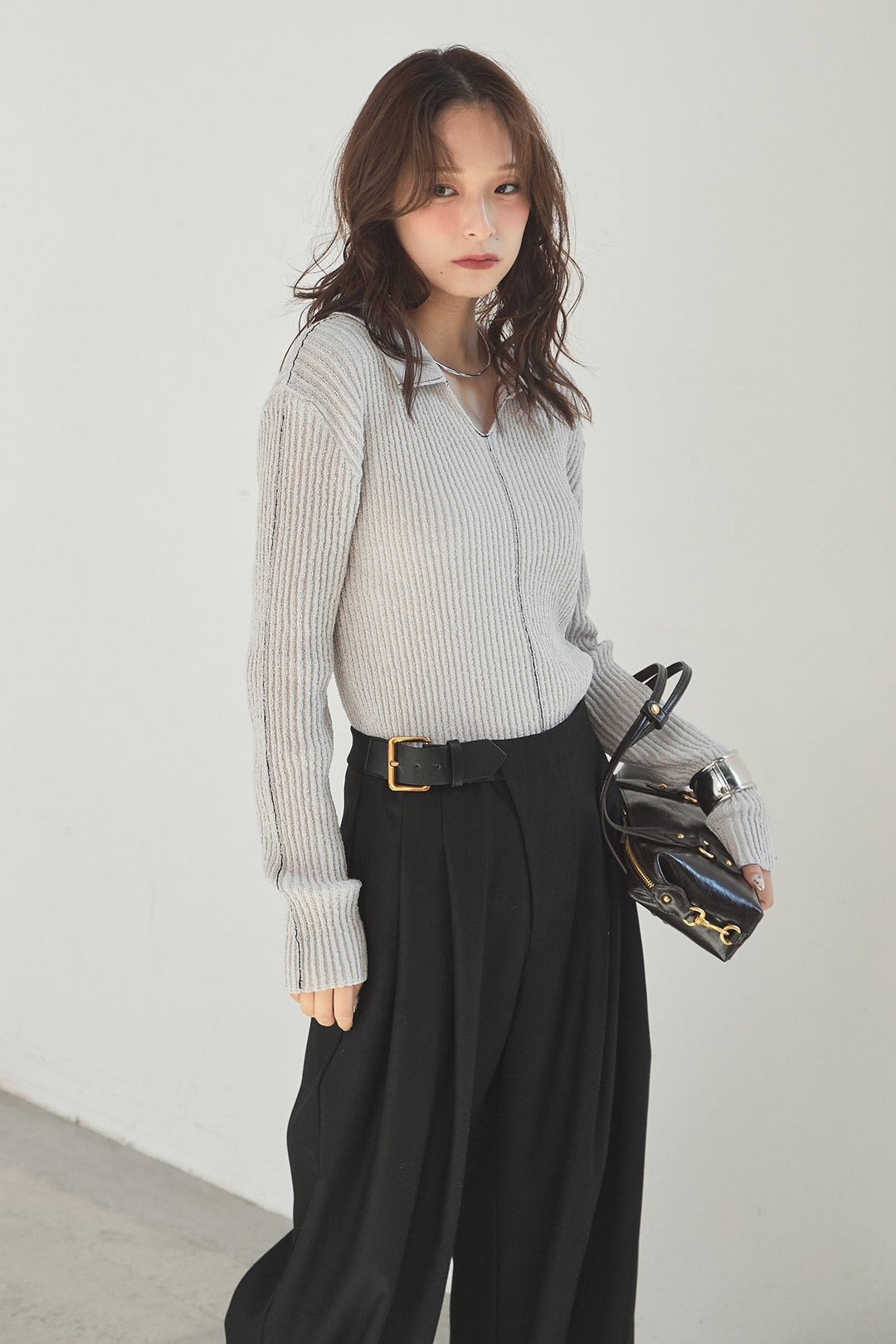 [SET]衿付きニットプルオーバー+サイドベルトタック入りスラックス(2set)