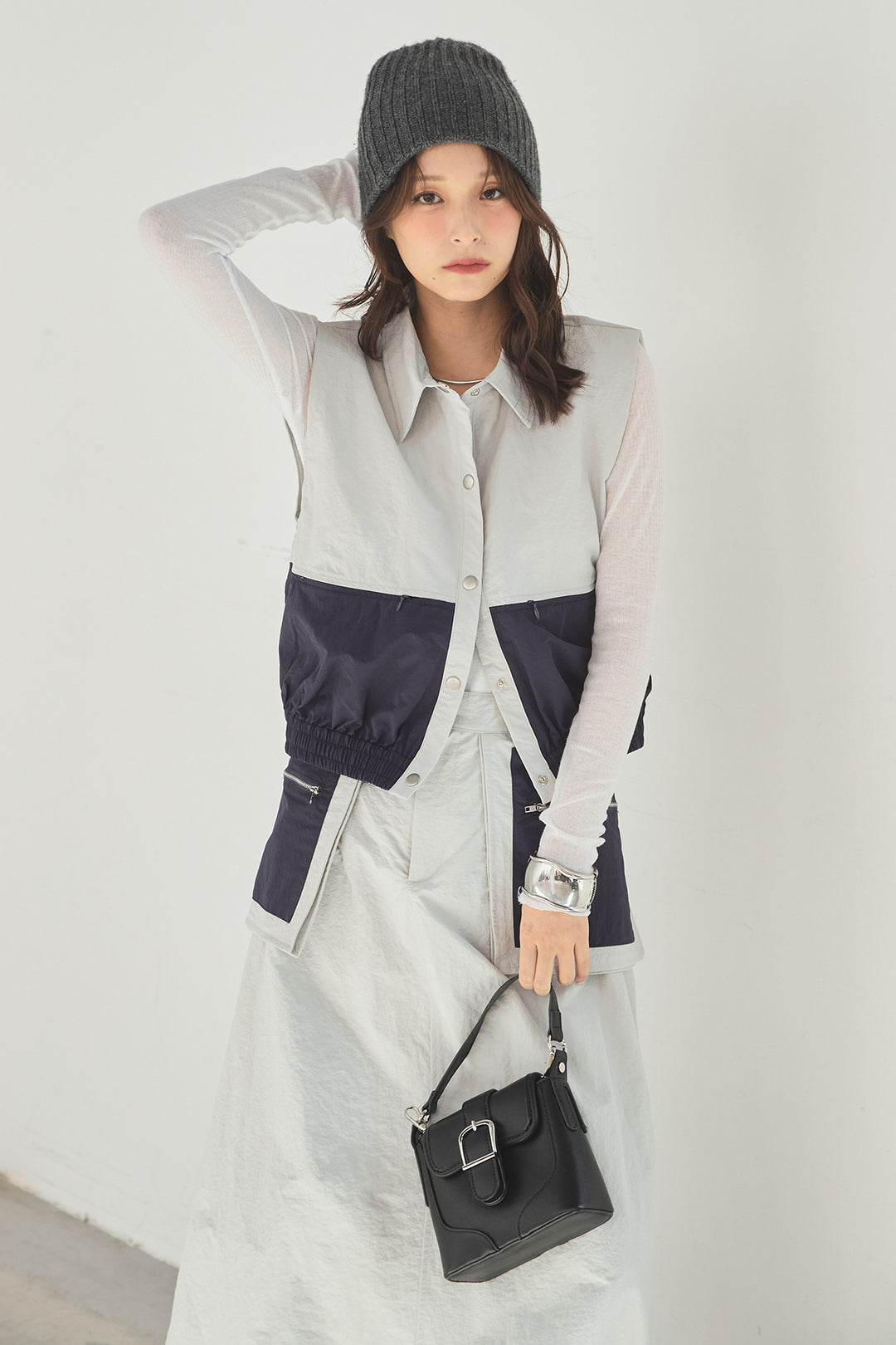 [SET]襟付きナイロンベスト+サイドデザインナイロンスカート(2set)