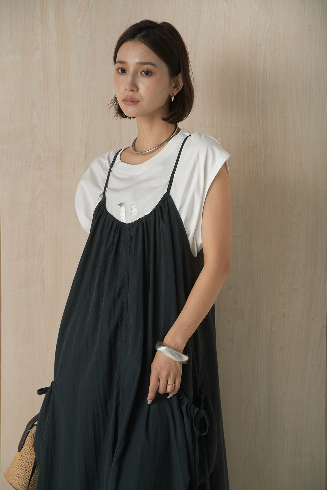 [SET]ビッグロゴプリントTシャツ+ポケット付きワッシャーキャミワンピ(2set)