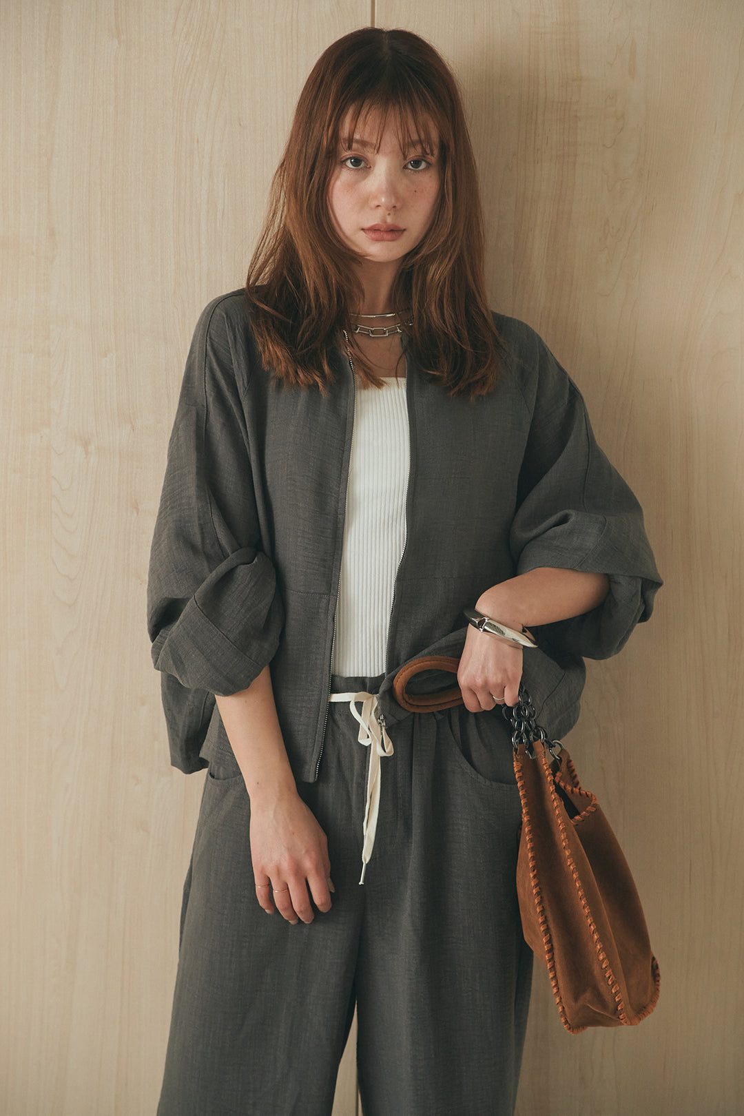 [SET]麻混ノーカラーブルゾン+麻混ウエストドロストパンツ(2set)