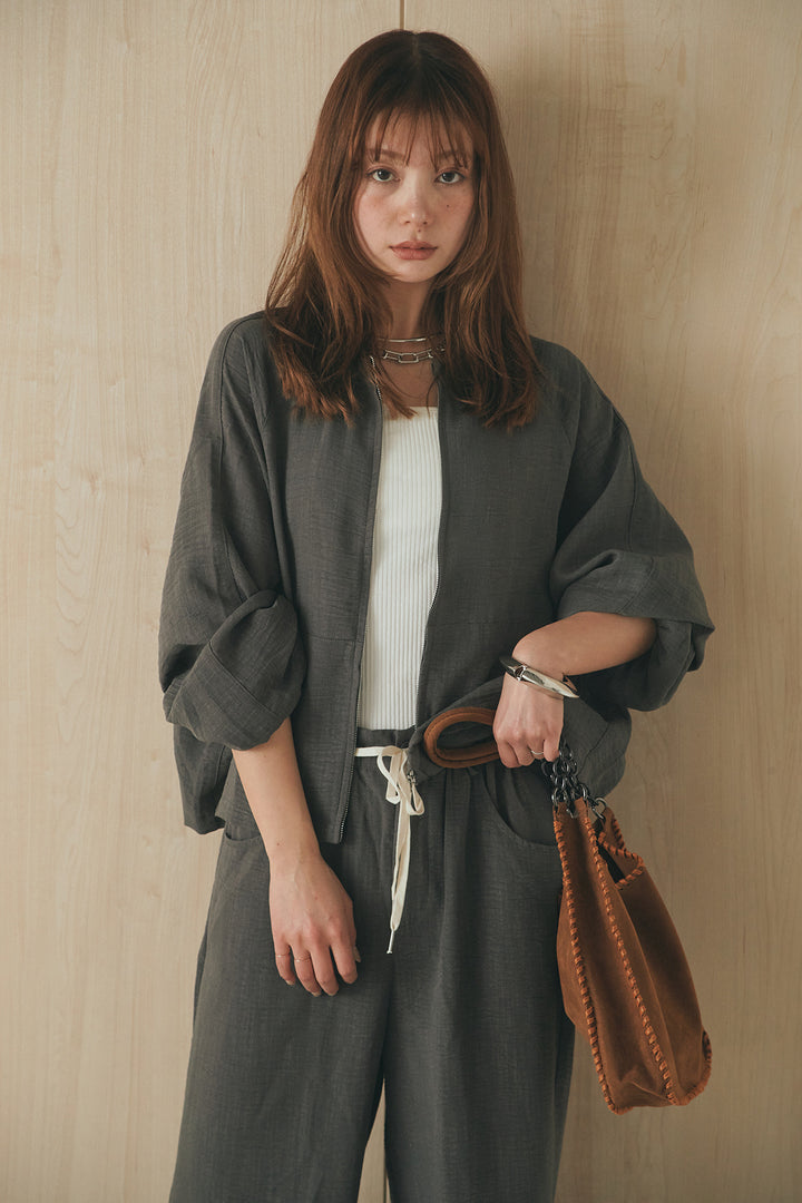 [SET]麻混ノーカラーブルゾン+麻混ウエストドロストパンツ(2set)