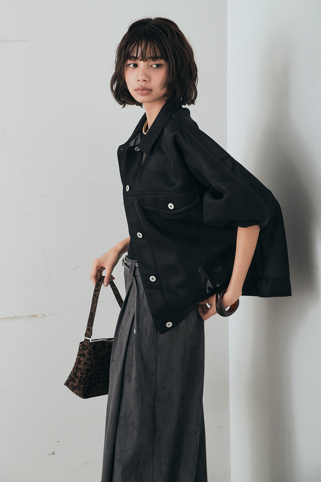 [SET]シアーダンボールサイドドロストジャケット+紐ベルト付きかすれ柄ワイドスラックス(2set)