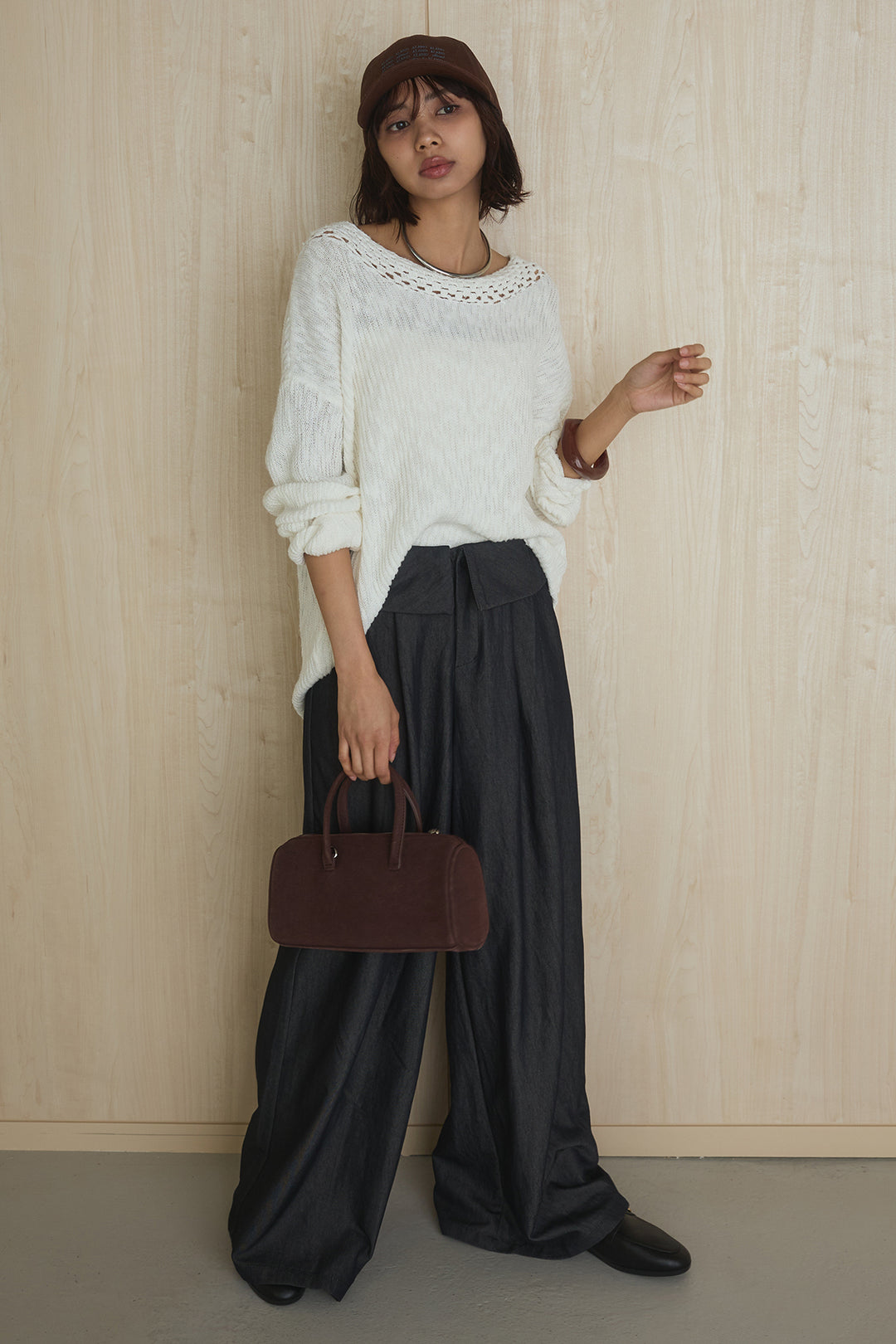 [SET]ネック編みデザインニットトップス+ウエスト折り返しワイドパンツ(2set)