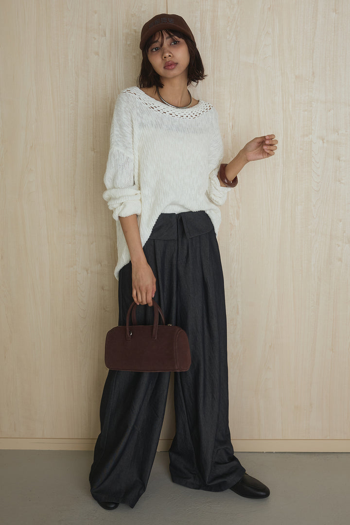 [SET]ネック編みデザインニットトップス+ウエスト折り返しワイドパンツ(2set)
