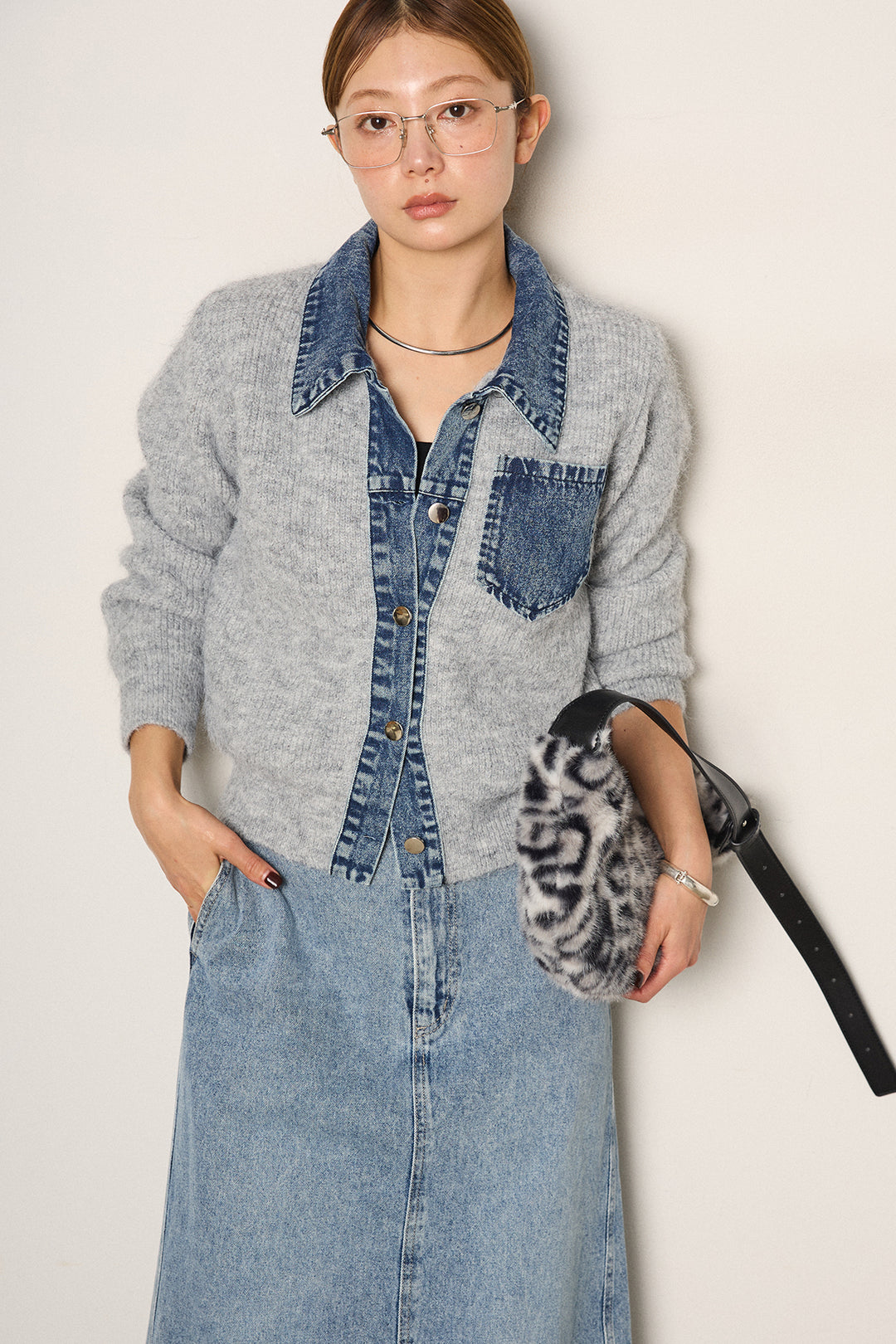 [SET]襟付きデニム切替ニットカーディガン+デニムロングフレアスカート(2set)