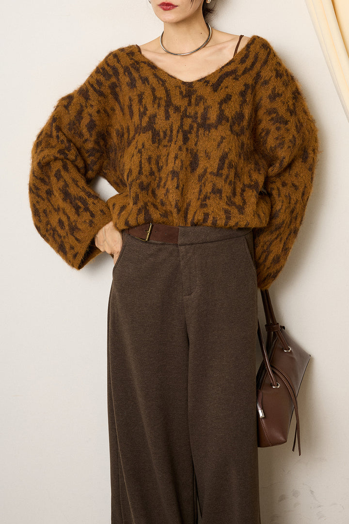[SET]フラッフィーレオパードシャギーニット+サイドベルトパンツ(2set)