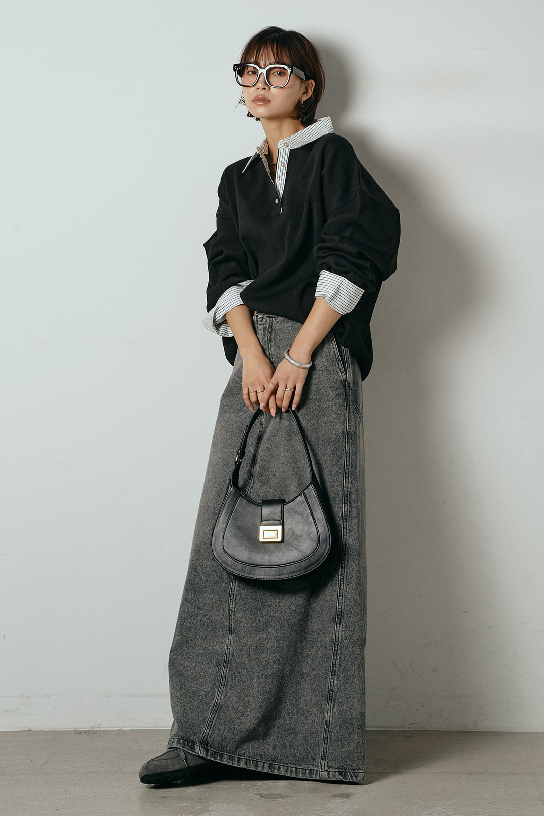 [SET]ストライプシャツドッキングポロトップス+デニムロングフレアスカート(2set)