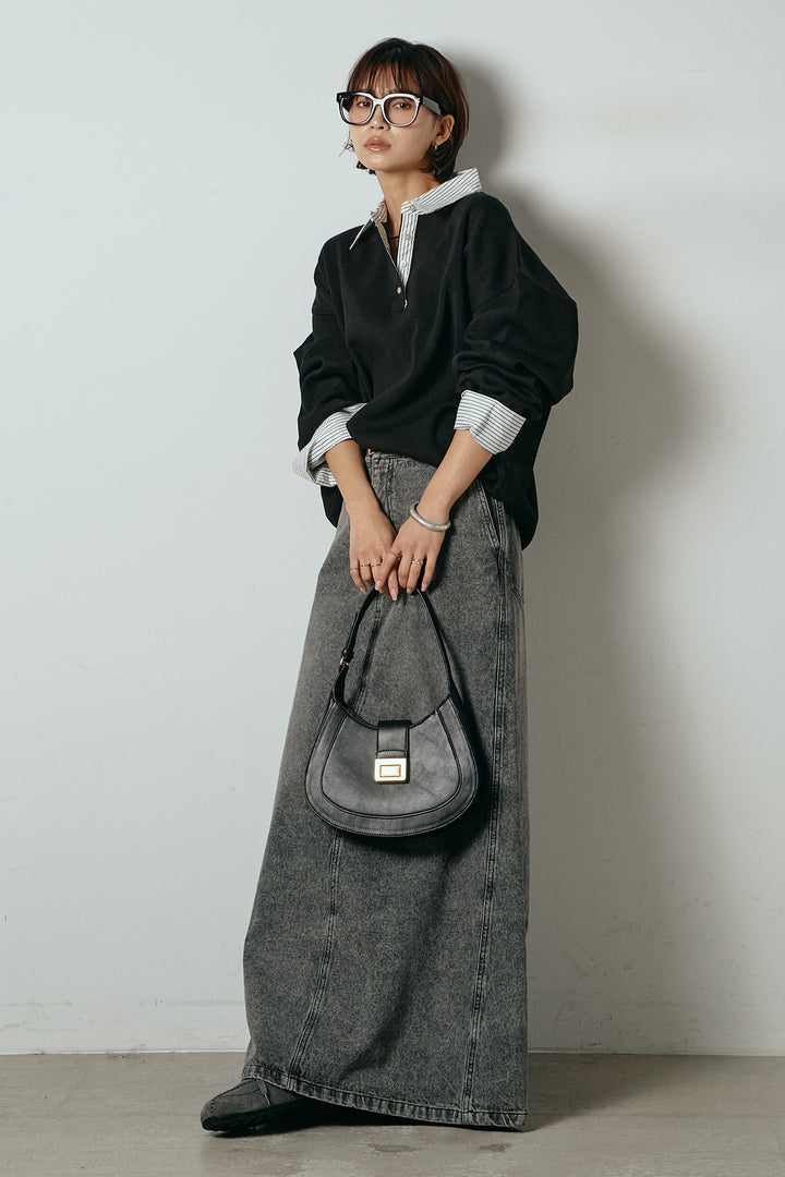 [SET]ストライプシャツドッキングポロトップス+デニムロングフレアスカート(2set)