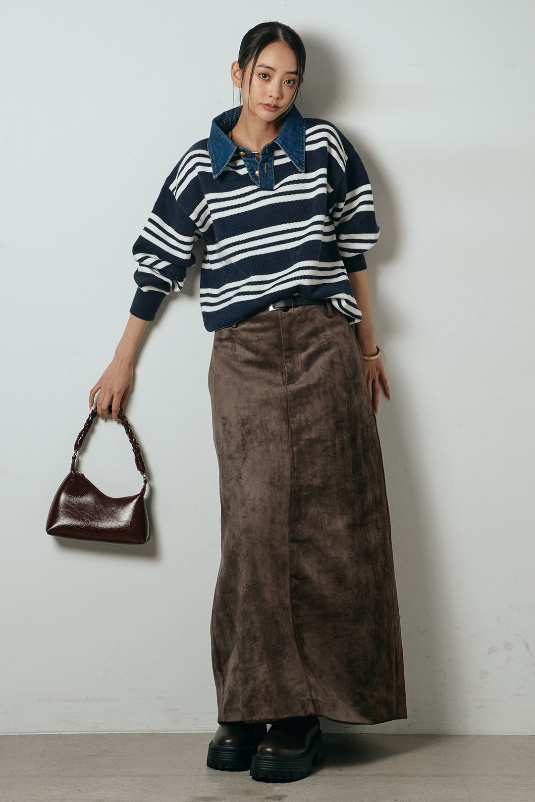 [SET]デニムレイヤード風ランダムボーダーニットプルオーバー+エコスウェードワイドスカート(2set)