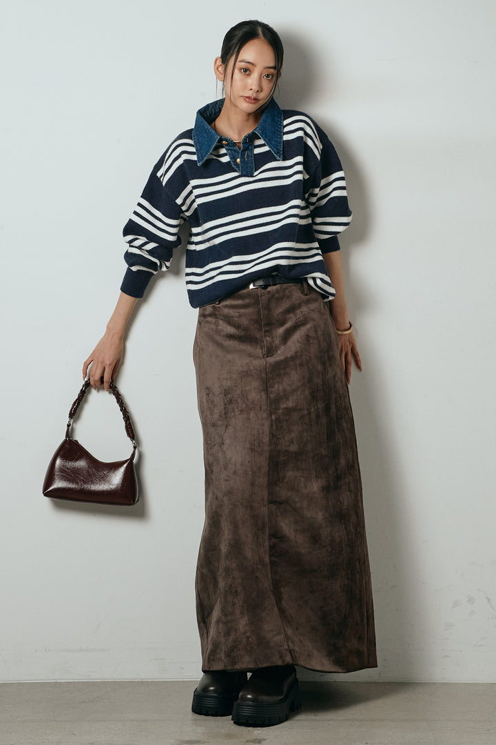 [SET]デニムレイヤード風ランダムボーダーニットプルオーバー+エコスウェードワイドスカート(2set)