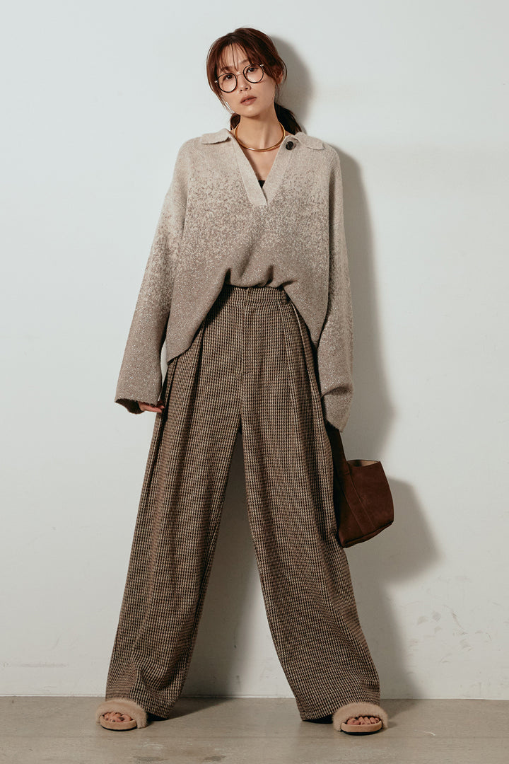 [SET]グラデーションラメニットキーネックプルオーバー+ガンクラブチェックタックパンツ(2set)