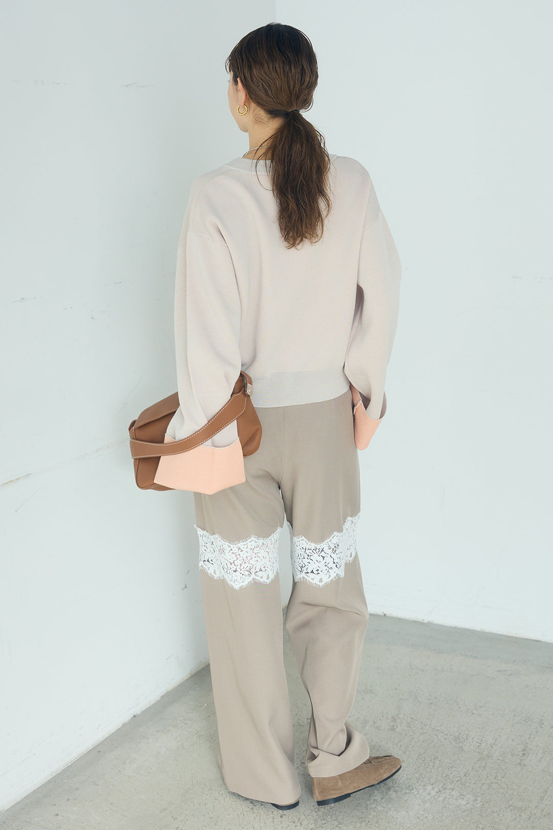 [SET]レーヨンポリダブルフェイスカーディガン+レース刺繍切替ワイドパンツ(2set)