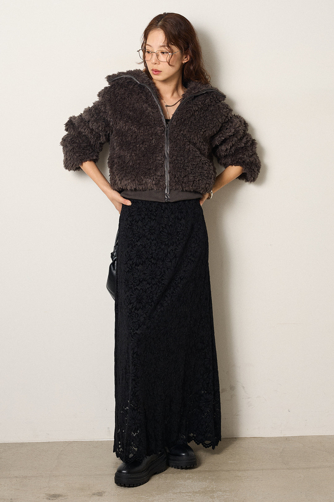 [SET]スタンドカラー裾リブボアブルゾン+花柄刺繍ベロアフレアスカート(2set)