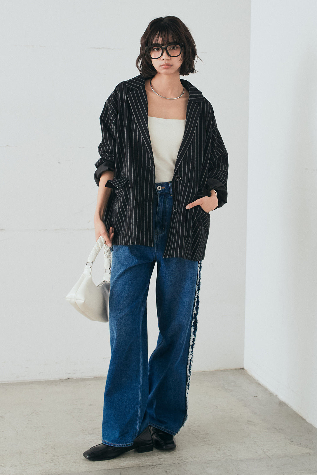 [SET]リネンライクストライプテーラードジャケット+デニムサイドフリルパンツ(2set)