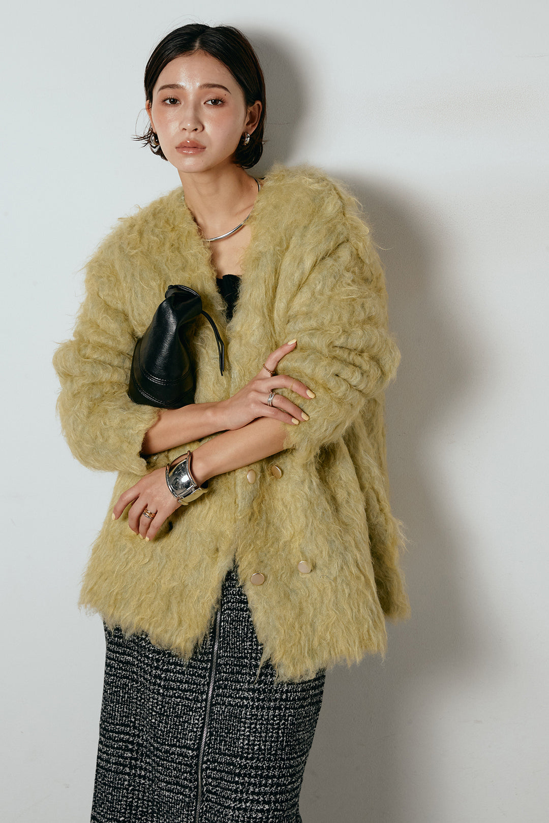 [SET]ウェーブシャギーニットジャケット+グレンチェック柄フロントジップタイトスカート(2set)