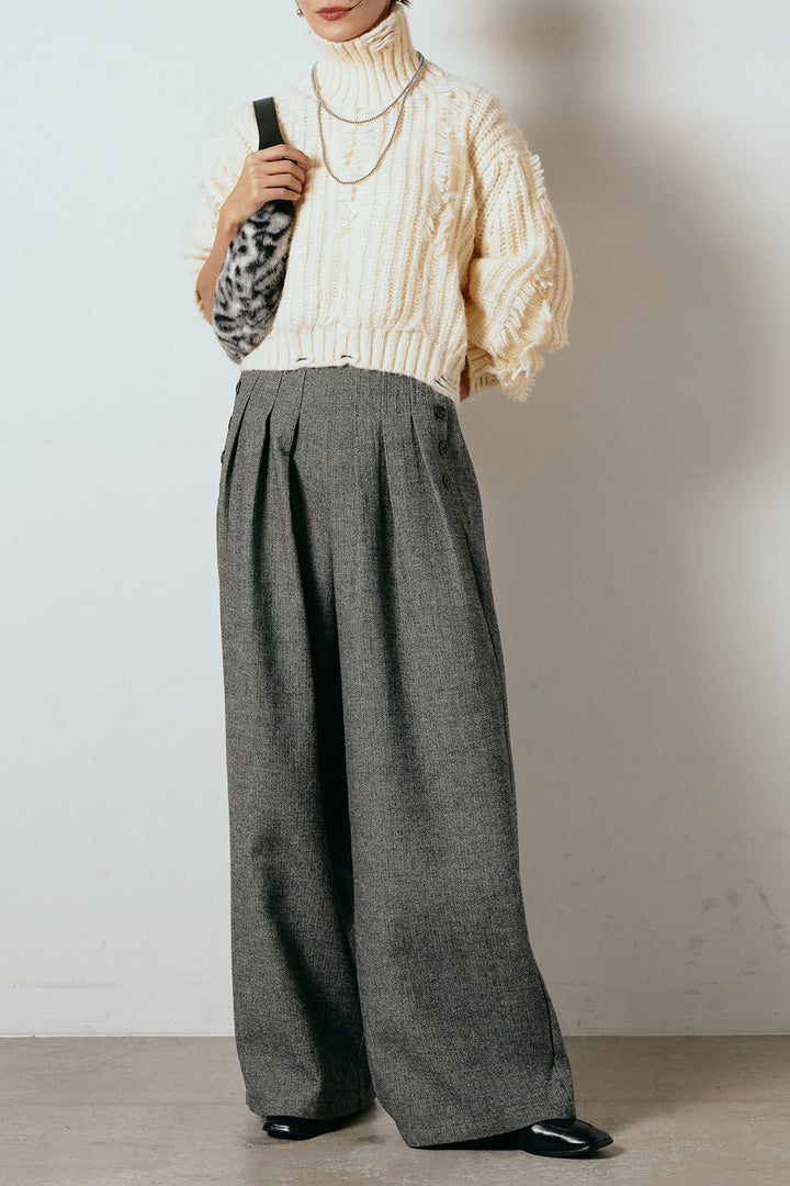 [SET]フリンジタートルショートニット+サイドボタンツイードタックパンツ(2set)