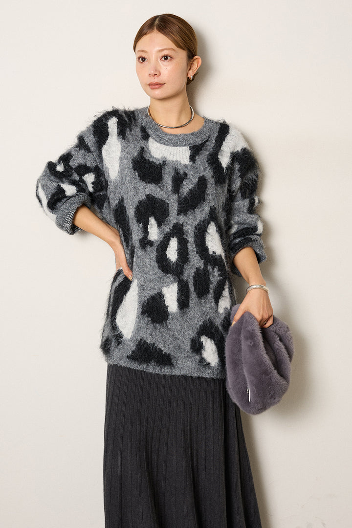 [SET]ルーズアニマルモヘアニットトップス+編み地切り替えフレアニットスカート(2set)