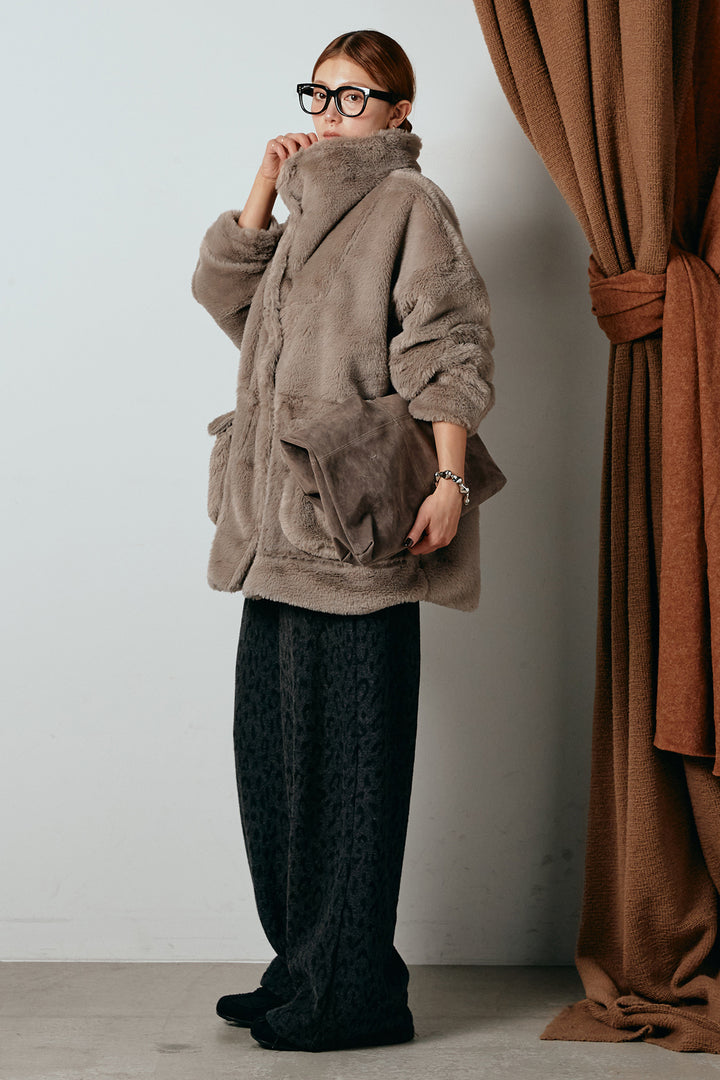 [SET]スタンドネックファーコート+レオパードジャガードニットパンツ(2set)