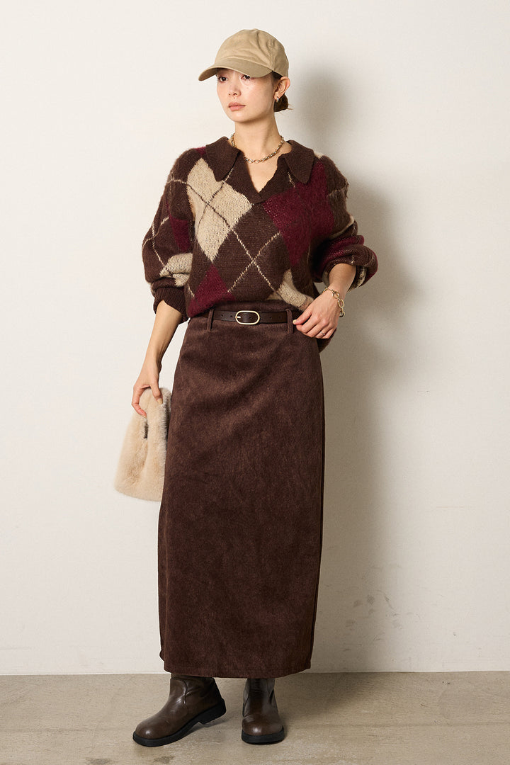 [SET]アクリルモヘアアーガイルキーネックプルオーバー+ロープベルト付きスウェード調スカート(2set)