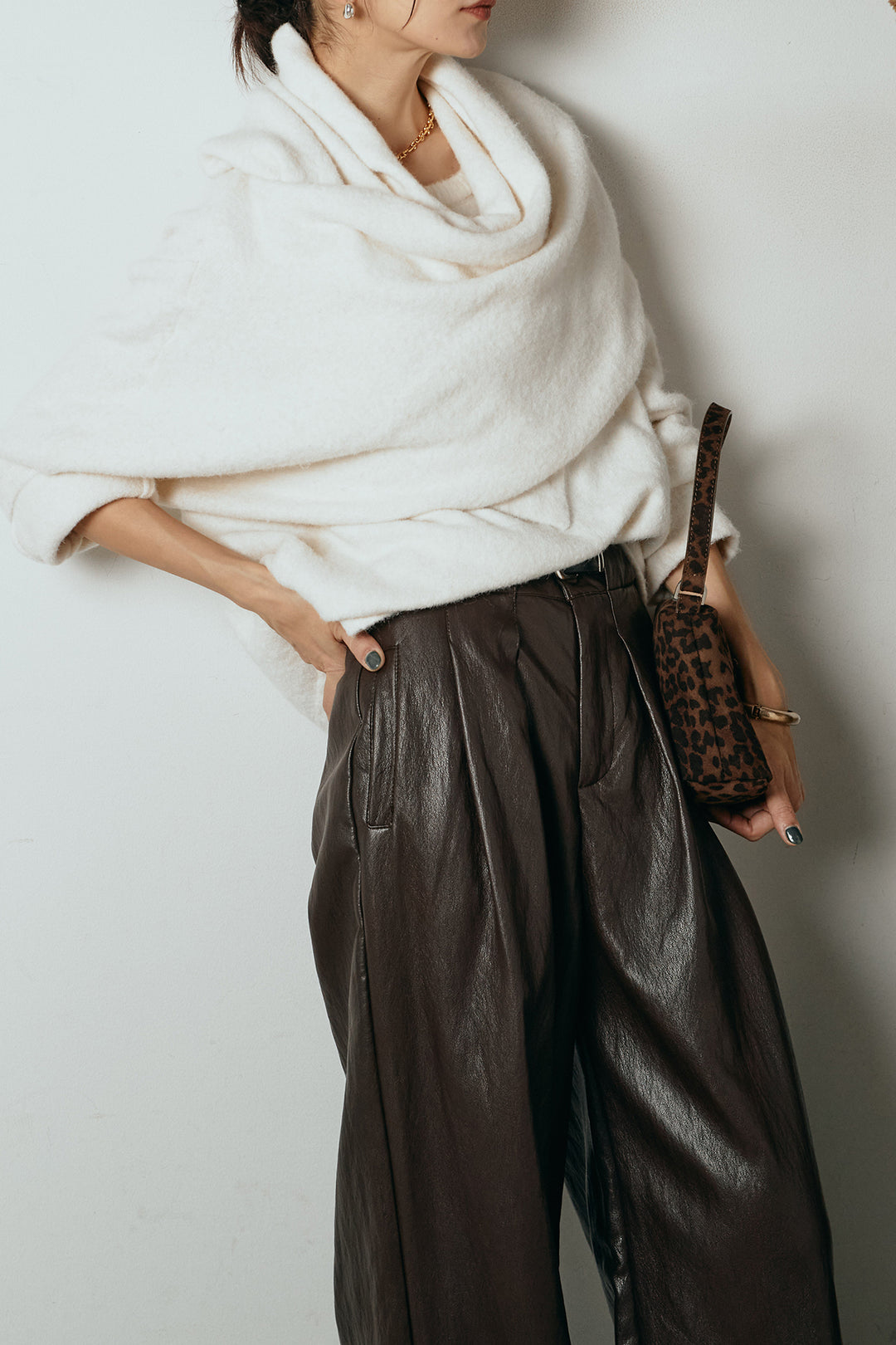 [SET]ネック巻きデザインニットトップス+ベルト付きレザーライクタックパンツ(2set)