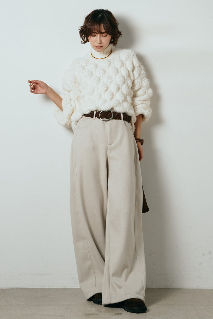 [SET]ボリュームポップコーンニットトップス+編みベルト付きワイドパンツ(2set)