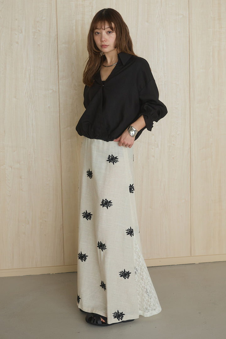 [SET]麻混襟付きトップス+レースコンビフラワー刺繍柄スカート(2set)
