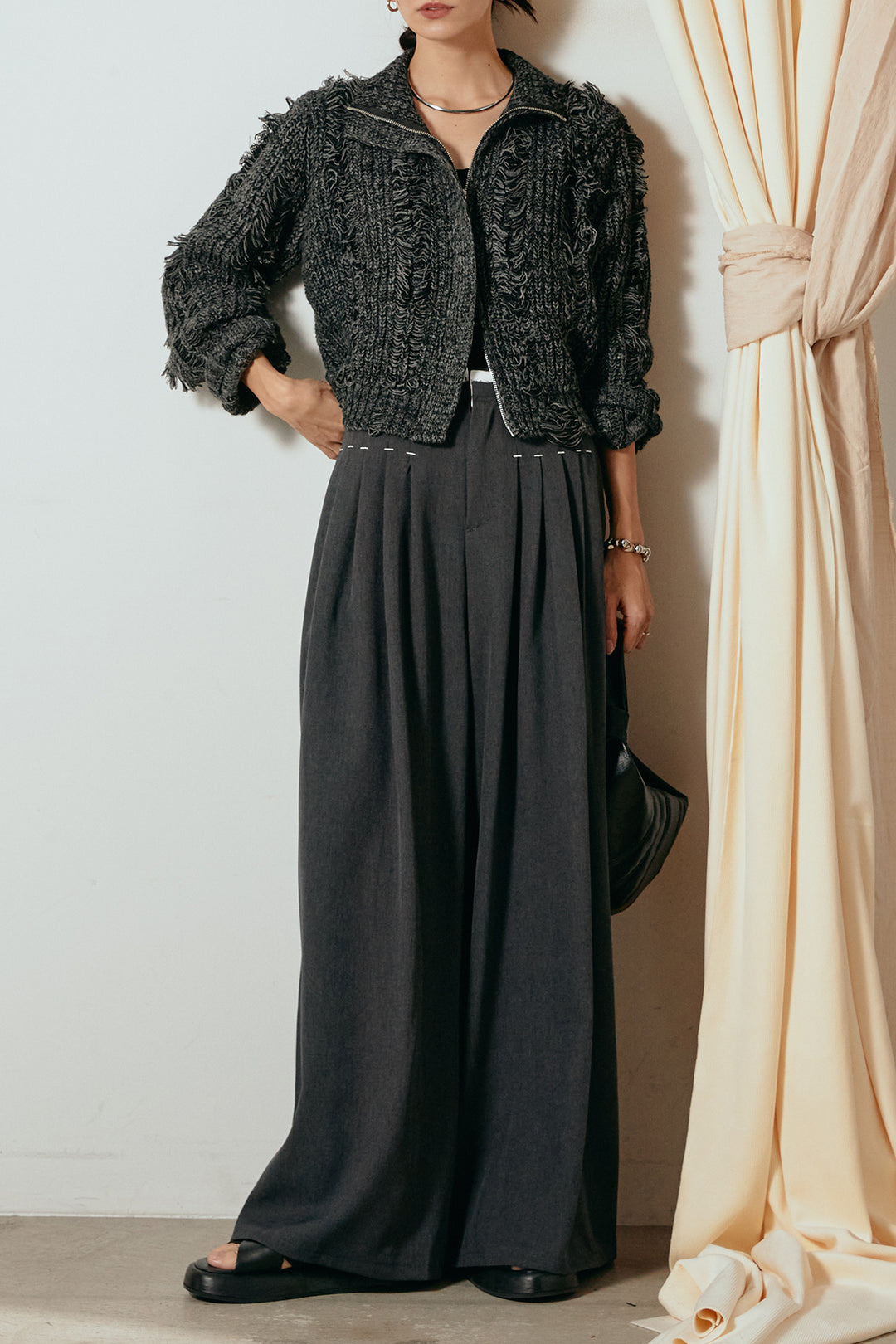 [SET]ハイネックフリンジジップニットトップス+ウエストステッチデザインワイドスラックス(2set)