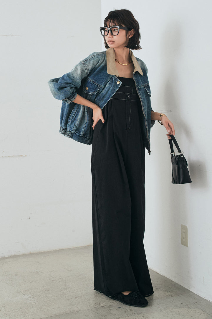 [SET]襟切り替えジップデニムジャケット+綿ツイルアシメサロペット(2set)