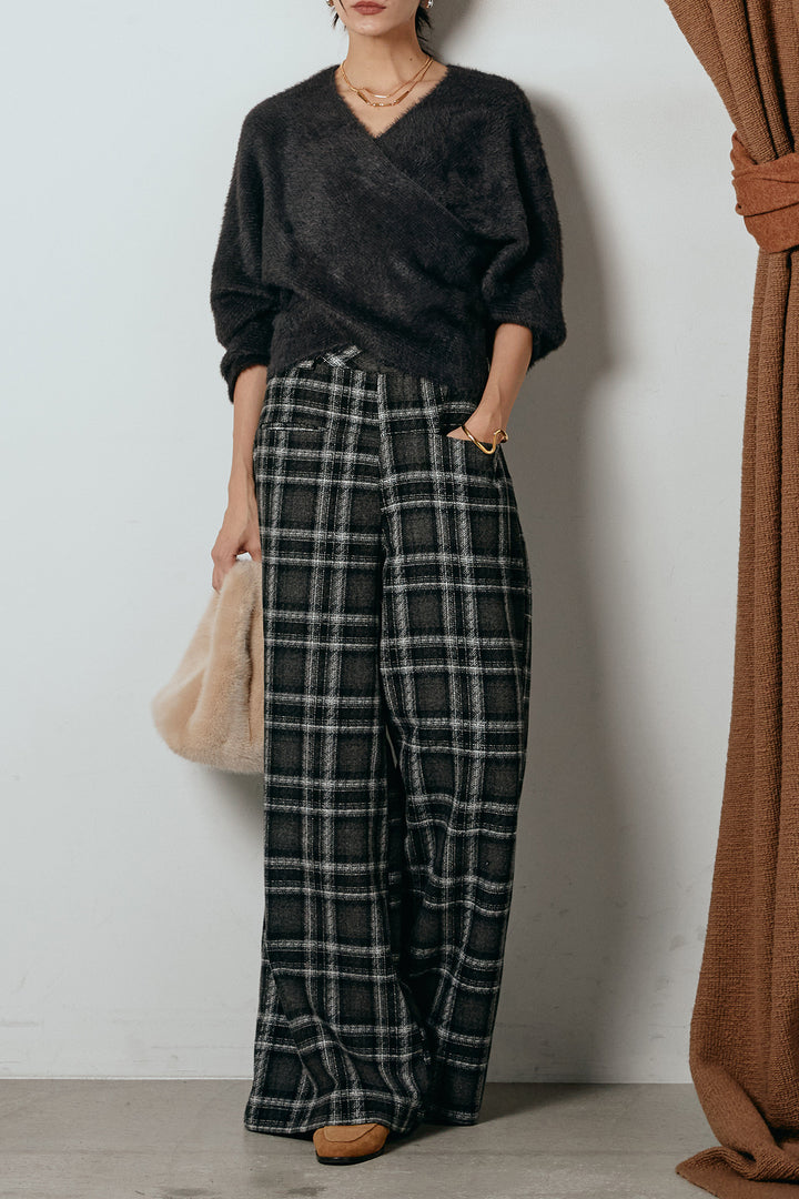 [SET]シャギーカシュクールニットトップス+ルーズタータンチェックワイドパンツ(2set)