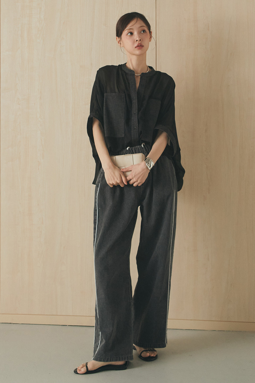 [SET]デニムライクビッグツーポケシアーシャツ+ドロストサイドラインデニムパンツ(2set)